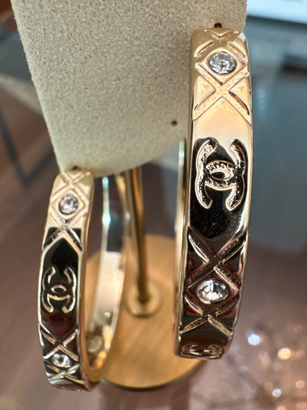 Limited Edition Classic Chanel CC Logo Large Gold Strass Crystal Hoop Earrings